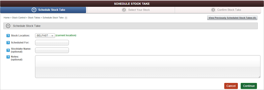 Schedule Stock Take screen