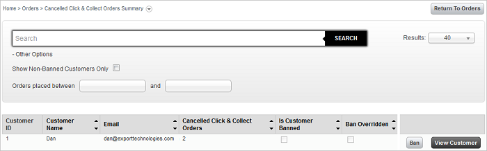 Cancelled Click and Collect Orders screen