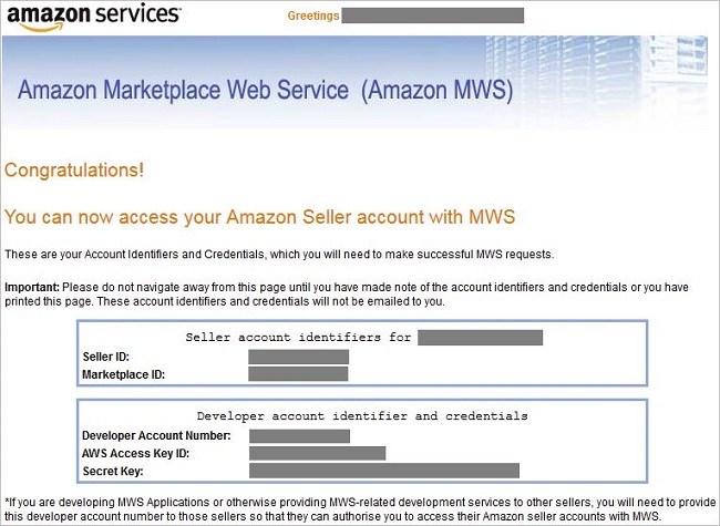 Amazon Marketplace Web Service Account Details screen