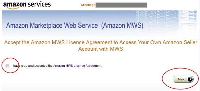 Amazon Marketplace Web Service Licence Agreement screen