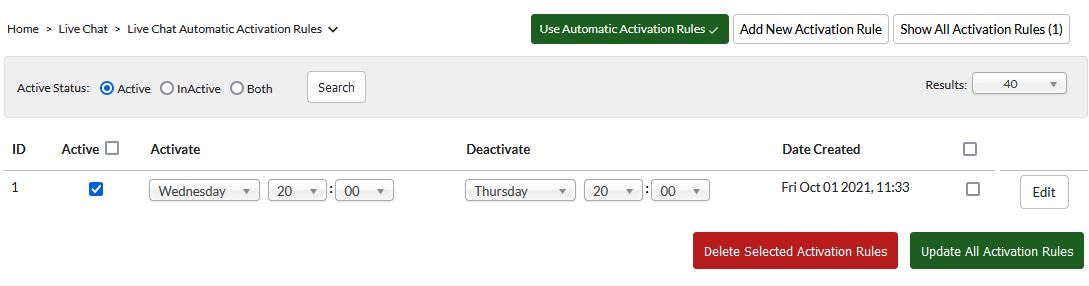 Automatic Activation Rules page