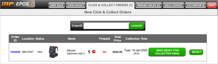 Click and Collect Order EPOS page