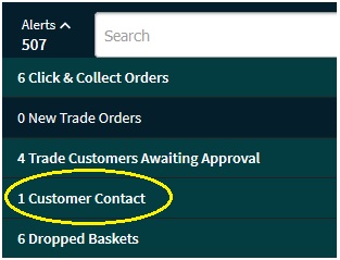 Alerts drop down list showing number of customer contacts