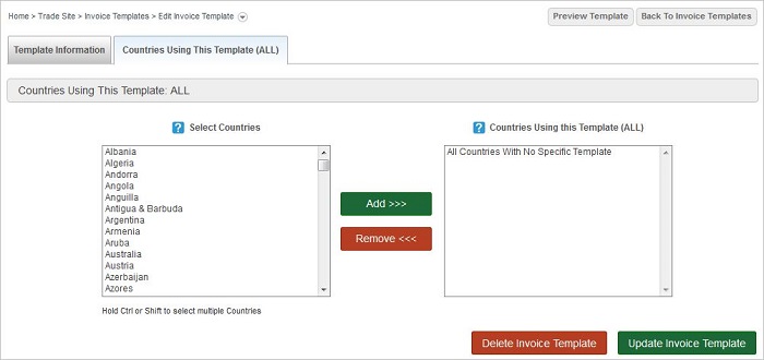 Trade Invoice Template Associated Countries screen