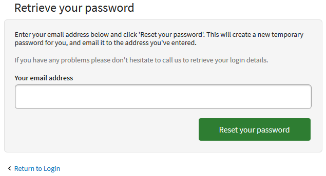 IRP customer desktop reset password page
