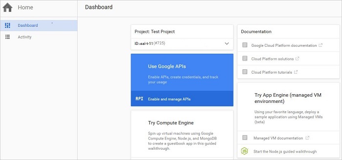 Google Developers Console Project Dashboard