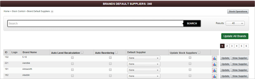 Brand Default Suppliers screen