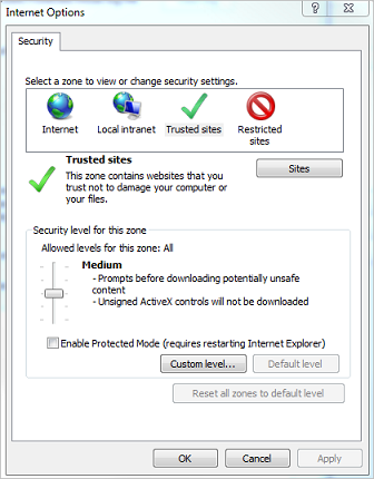 Internet Options panel