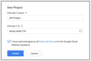 Google Developers Console Create New Project window