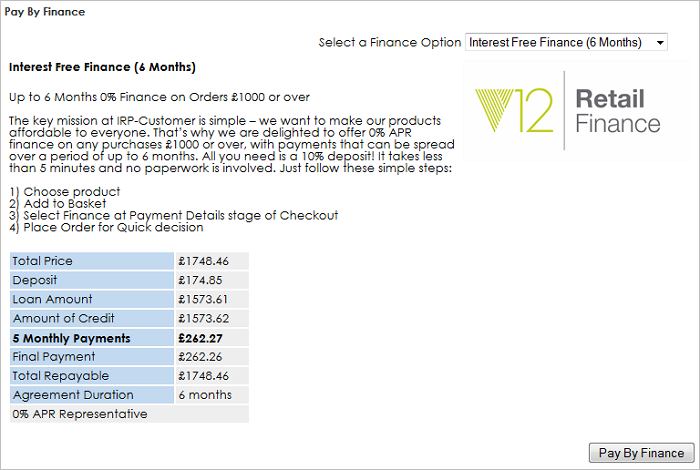 IRP Front End Pay By Finance Providers page