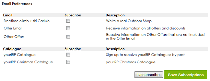 IRP Email Preferences screen