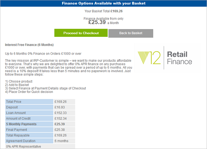 Finance details displayed in a lightbox