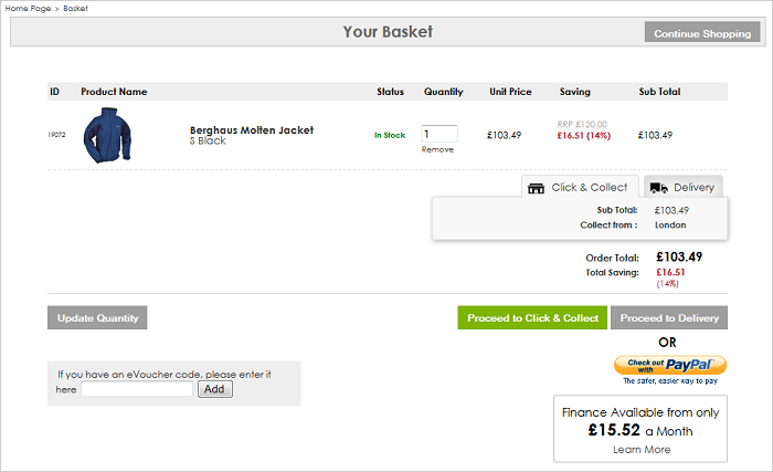 Click and Collect Customer Basket screen