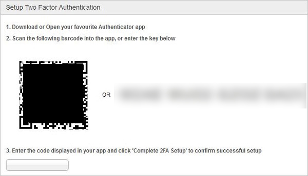 Example Two Factor Authentication Setup screen