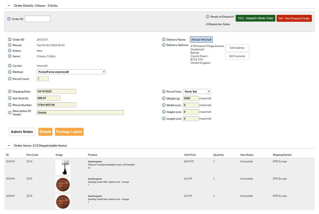 Auto Dispatch Order Screen