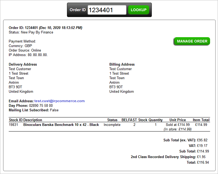 IRP EPOS Finance Order page