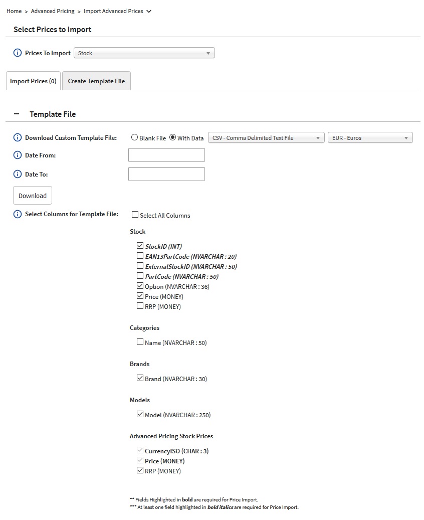 Download Template File page