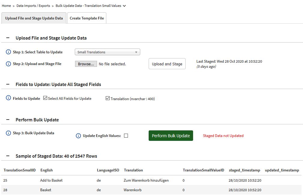 Bulk Update Data page