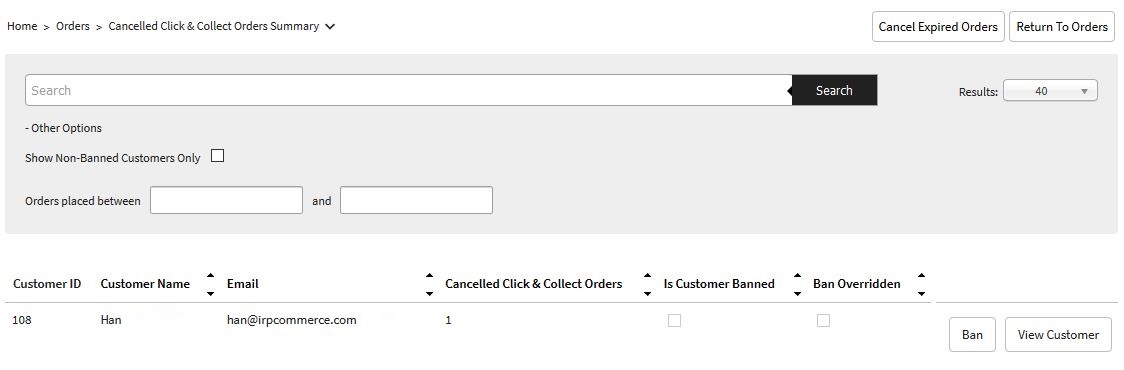 Cancelled Click and Collect Orders screen