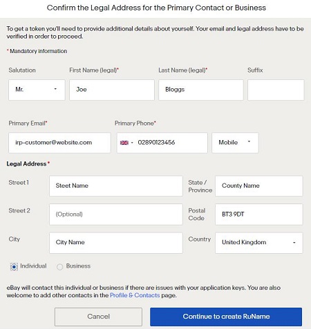 eBay Developer Account Legal Address dialog box