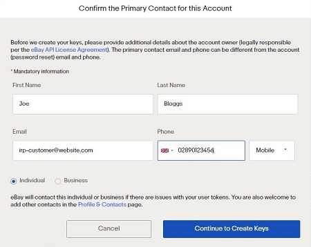 eBay Developer Account Primary Contact dialog box