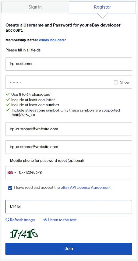 eBay Developer Account Register dialog box