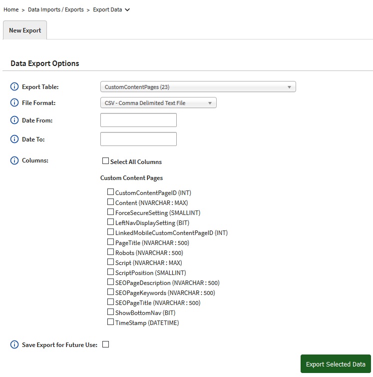 Export Data screen