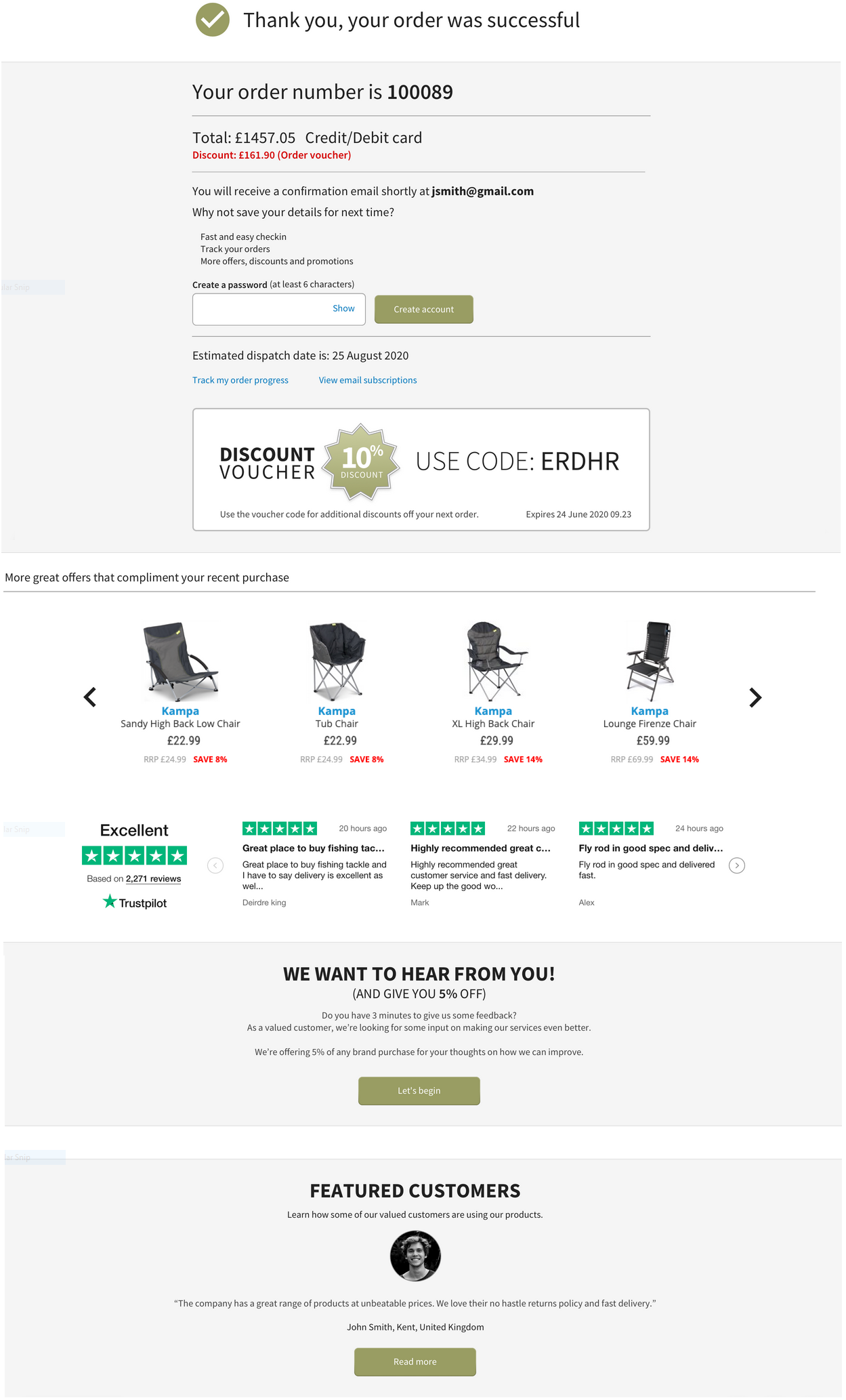 IRP customer desktop order confirmation page