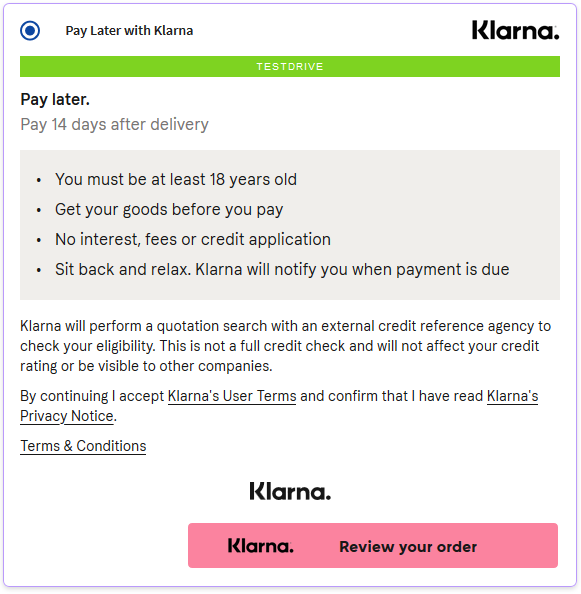 IRP Klarna front-end page