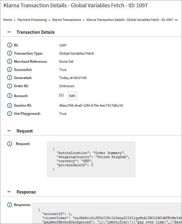 IRP Klarna Transaction Details page