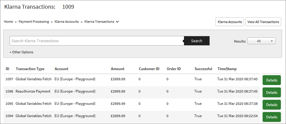 IRP Klarna Transactions page