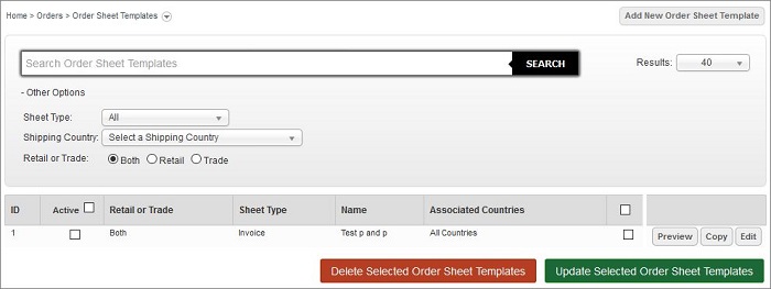 order sheet templates screen in irp admin