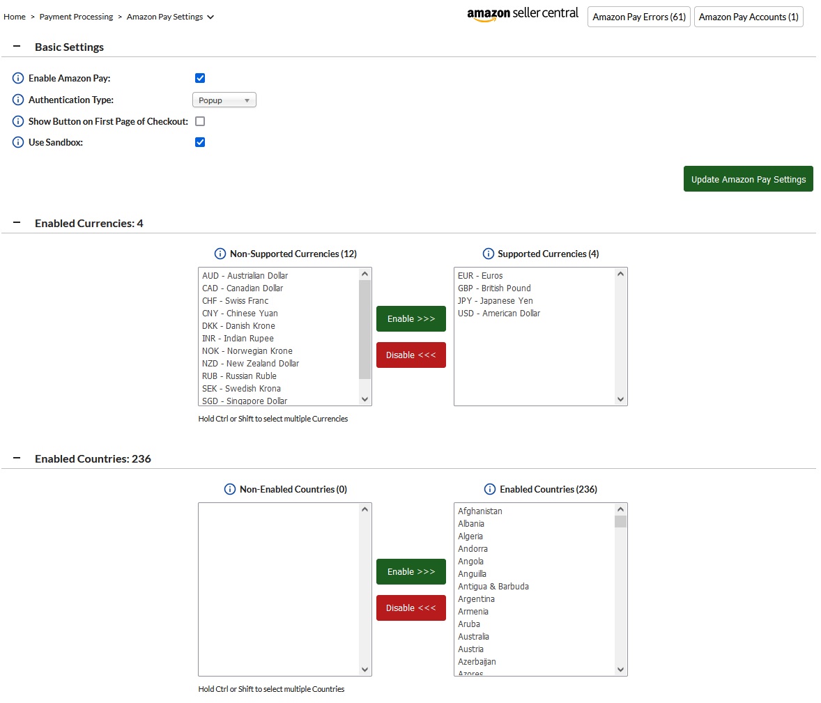 Amazon Pay Settings Page