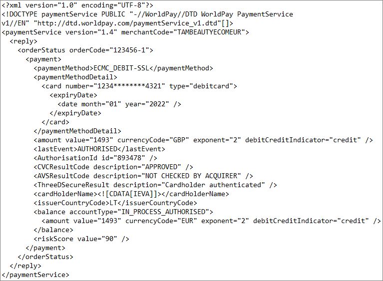 Example WorldPay – Successful Authorisation Response