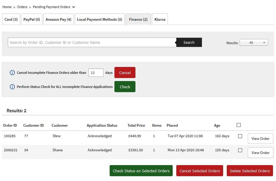 Incomplete Finance Orders page