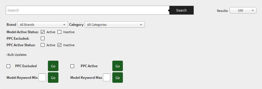 PPC Model Settings filter options