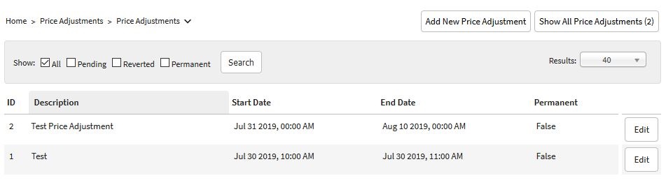 Price Adjustments page