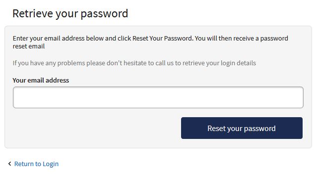 IRP customer desktop reset password page