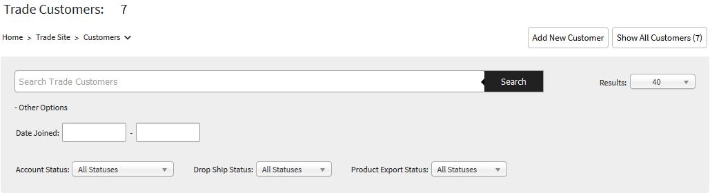 IRP Trade Customers screen showing search options