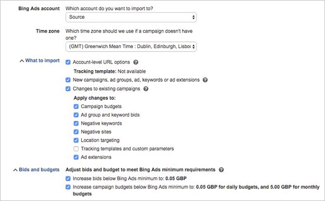 Campaign Import options screen in Bing Ads