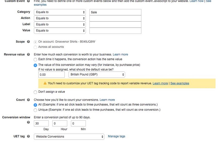 Setting up a conversion goal