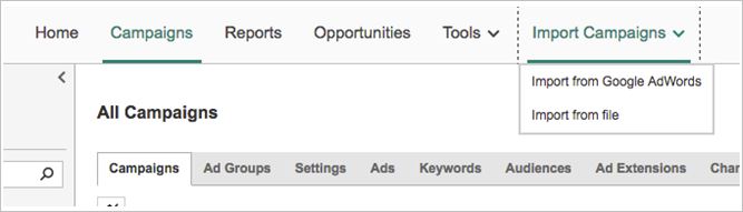 Import Campaigns menu in Bing Ads