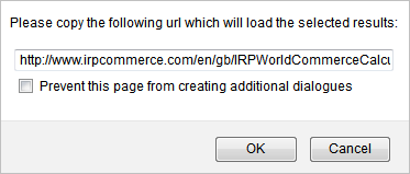 IRP Ecommerce Calculator saved calculation URL dialog box