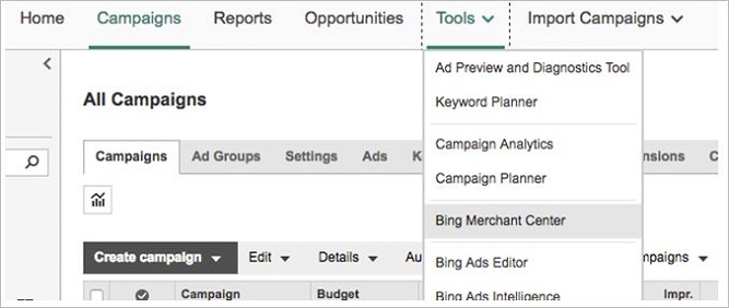 Tools menu in Bing Ads